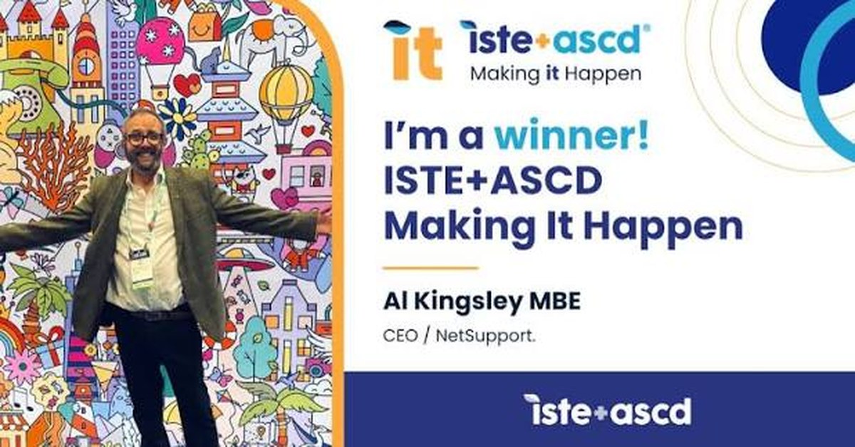 ISTE+ASCD Making IT Happen winner graphic, Al Kingsley with arms outstretched in front of a colourful mural